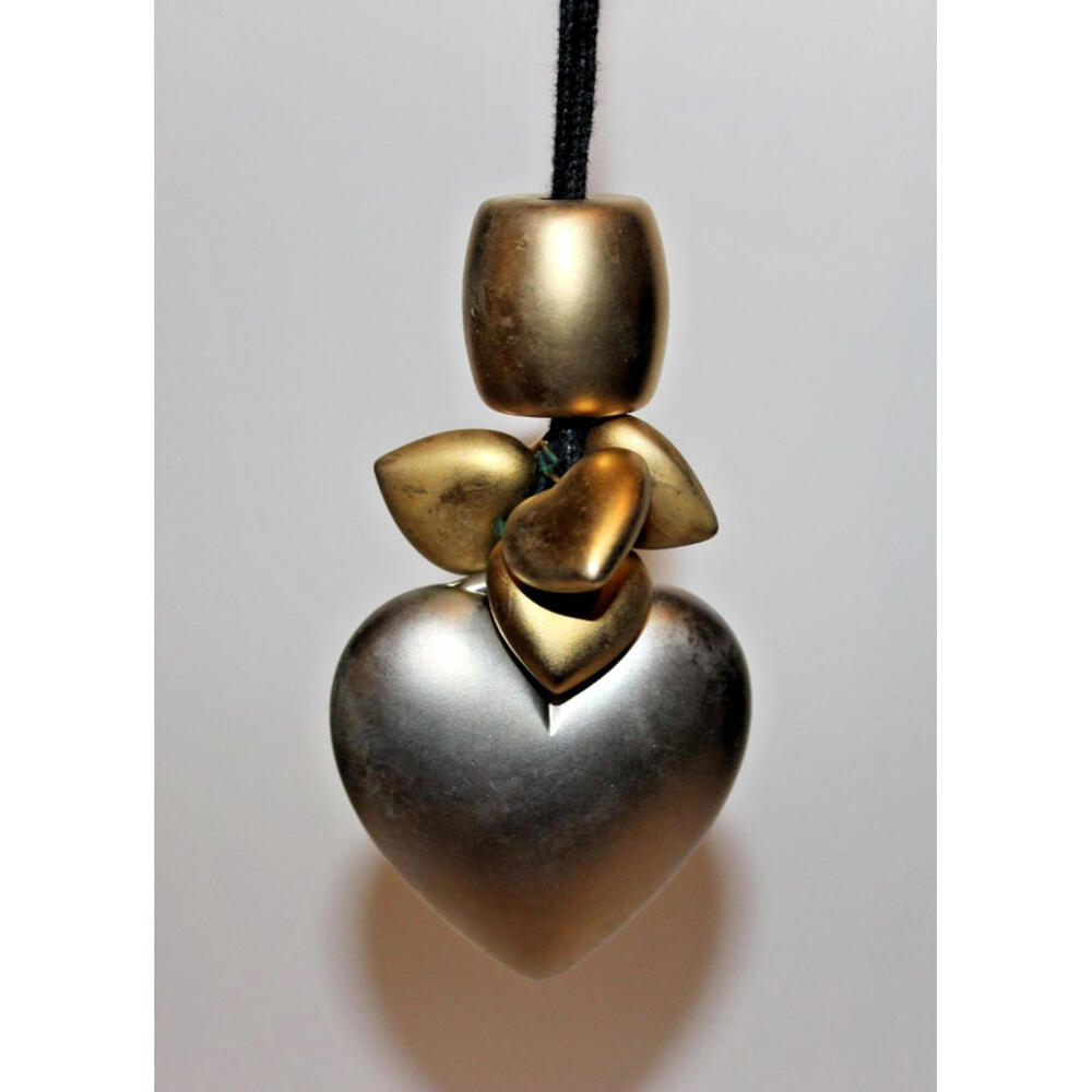 Vintage Mixed Metal Puffy Heart Pendant Necklace Black Cord Statement 38"